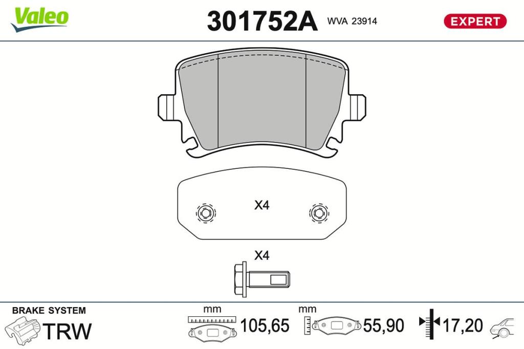 Jeu de 4 plaquettes de frein VALEO ref. 301752A